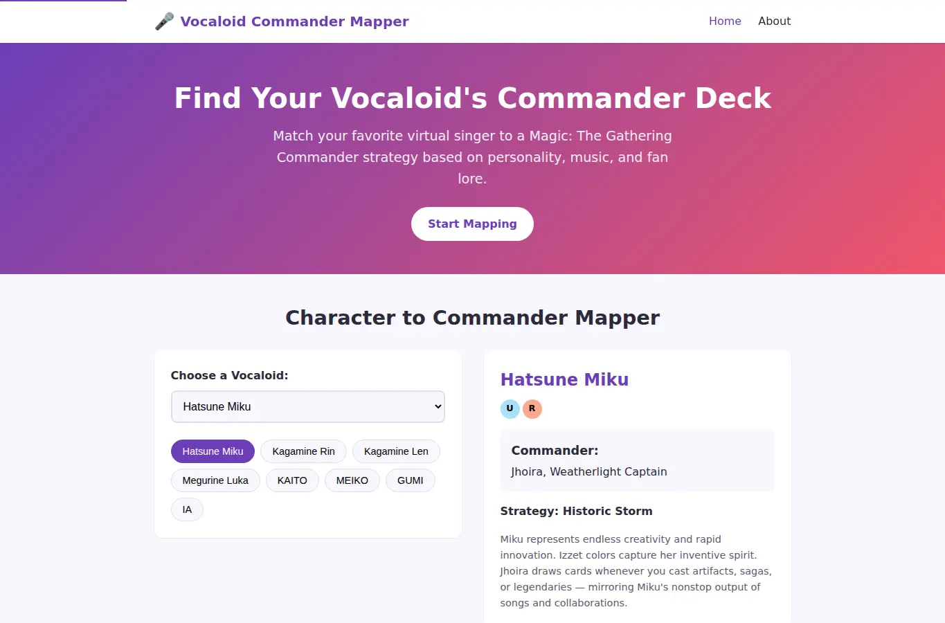 Screenshot of Vocaloid Character Commander Deck Mapper interface showing the project page in use